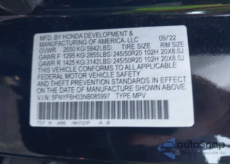 2022 Honda Pilot Awd Elite z USA, uszkodzony, nr VIN 5FNYF6H03NB085997